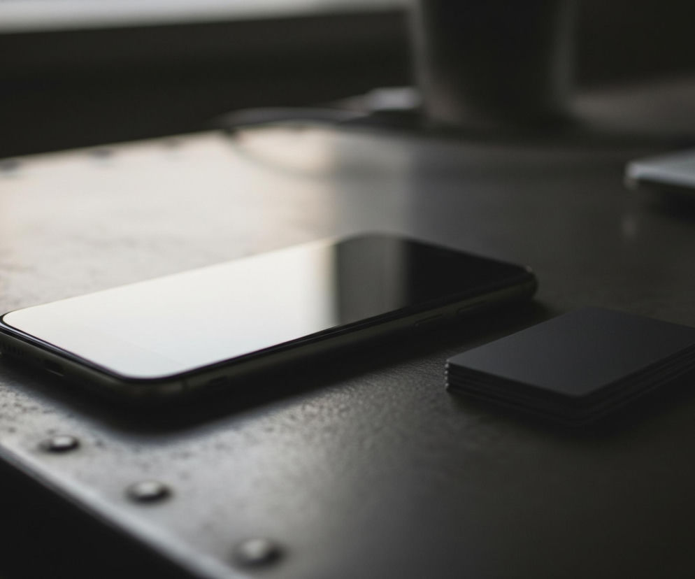 Srebrny smartfon z czarnym ekranem leży poziomo na ciemnym, teksturowanym blacie z metalicznymi nitami. Ekran telefonu odbija jasne światło z niewidocznego źródła, co tworzy kontrast z ciemnym tłem. Obok telefonu, po prawej stronie, leży stos ciemnych, prostokątnych kart. W tle, częściowo rozmyte, widać zarys kubków i fragment srebrnego przedmiotu, być może laptopa, wszystko w stonowanych, ciemnych barwach.