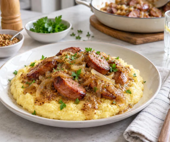 Rumiana kiełbasa, słodka cebula i kremowa polenta. Prosty obiad, który smakuje dużo lepiej, niż wygląda