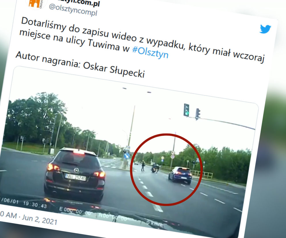 Olsztyn. Wypadek na ul. Tuwima. Mężczyzna wtargnął na przejście dla pieszych na czerwonym świetle. Został potrącony przez motocyklistę