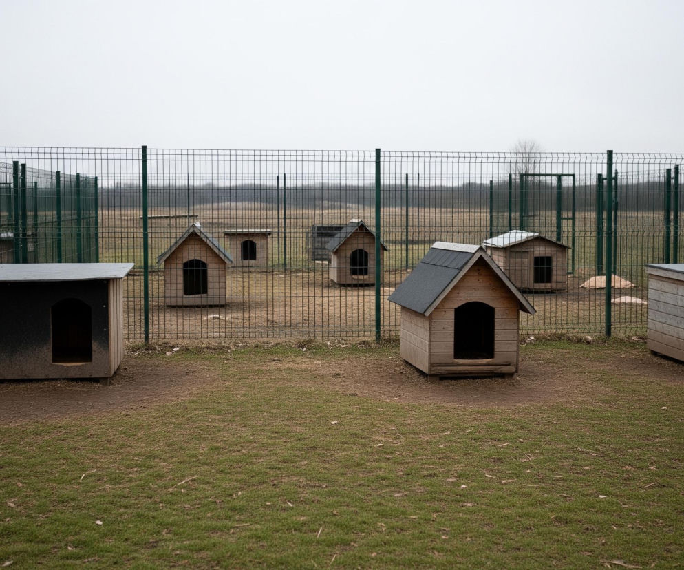 Dziewięć drewnianych bud dla psów rozmieszczonych jest na terenie ogrodzonym zielonym, metalowym płotem siatkowym, którego pionowe słupki również są zielone. Cztery budy stoją na pierwszym planie na trawiasto-ziemistym podłożu, a pozostałe pięć w tle za płotem, na pustym, brązowym polu. Niebo jest jednolicie szare, bezchmurne.