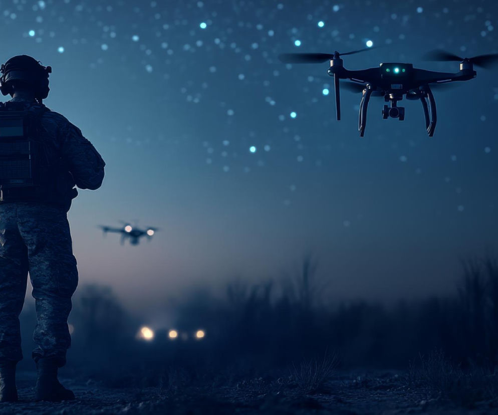 Żołnierz obserwuje drony na tle nocnego nieba. O technologiach antydronowych WAT przeczytasz na SE Portal Obronny.