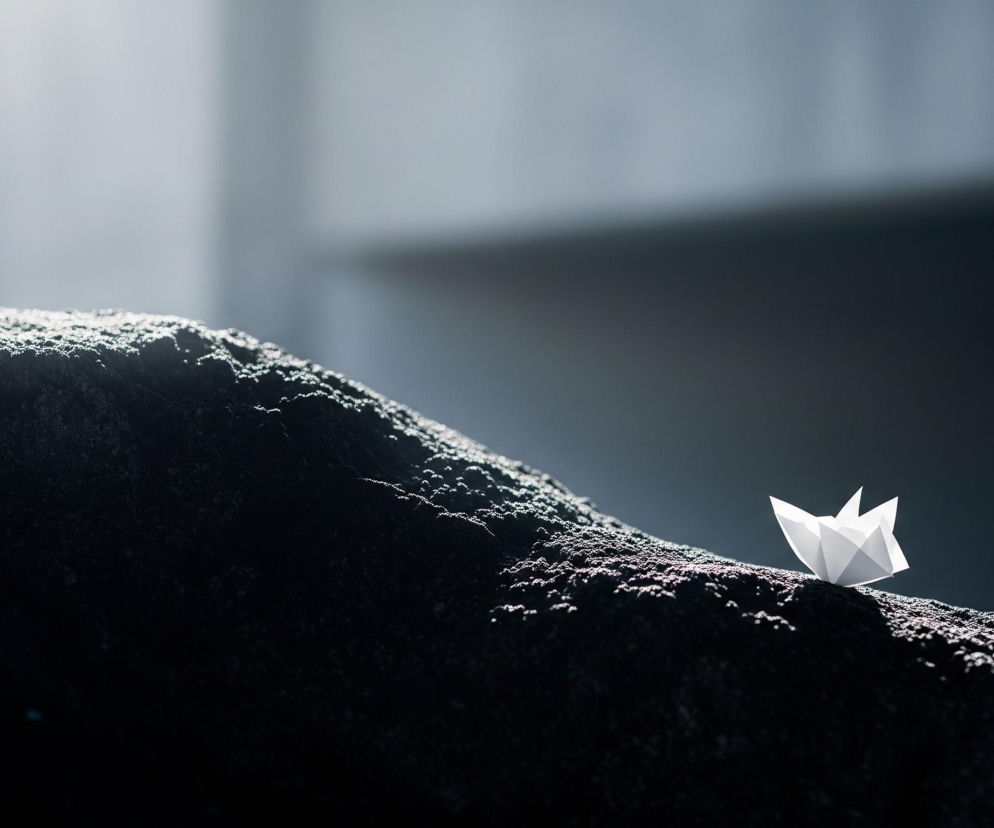 Na pierwszym planie, z prawej strony, znajduje się biały, papierowy statek złożony techniką origami, osadzony na ciemnym, chropowatym podłożu przypominającym skalę lub ziemię. Podłoże to biegnie skośnie przez dół kadru, od lewej do prawej, wznosząc się ku górze i jest częściowo rozświetlone na swojej grani, tworząc efekt iskrzenia. Tło jest rozmyte, utrzymane w odcieniach szarości i błękitu, z jaśniejszym obszarem po lewej stronie, co sugeruje źródło światła. Całość obrazu jest ciemna, z wyraźnym kontrastem między jasnym obiektem a otoczeniem.