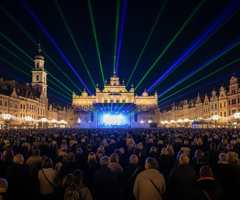 Duży tłum ludzi wypełnia plac, oglądając koncert w nocy. Na pierwszym planie widoczne są głowy i ramiona licznych osób, odwróconych tyłem do widza, w przeważnie ciemnych ubraniach. W tle, za zgromadzonymi, rozciąga się rząd kolorowych kamienic, oświetlonych ciepłym, żółtym światłem, z wyraźnymi detalami architektonicznymi. Nad sceną, umieszczoną pośrodku placu, oraz nad kamienicami, niebo przecinają intensywne zielone i niebieskie promienie laserów.