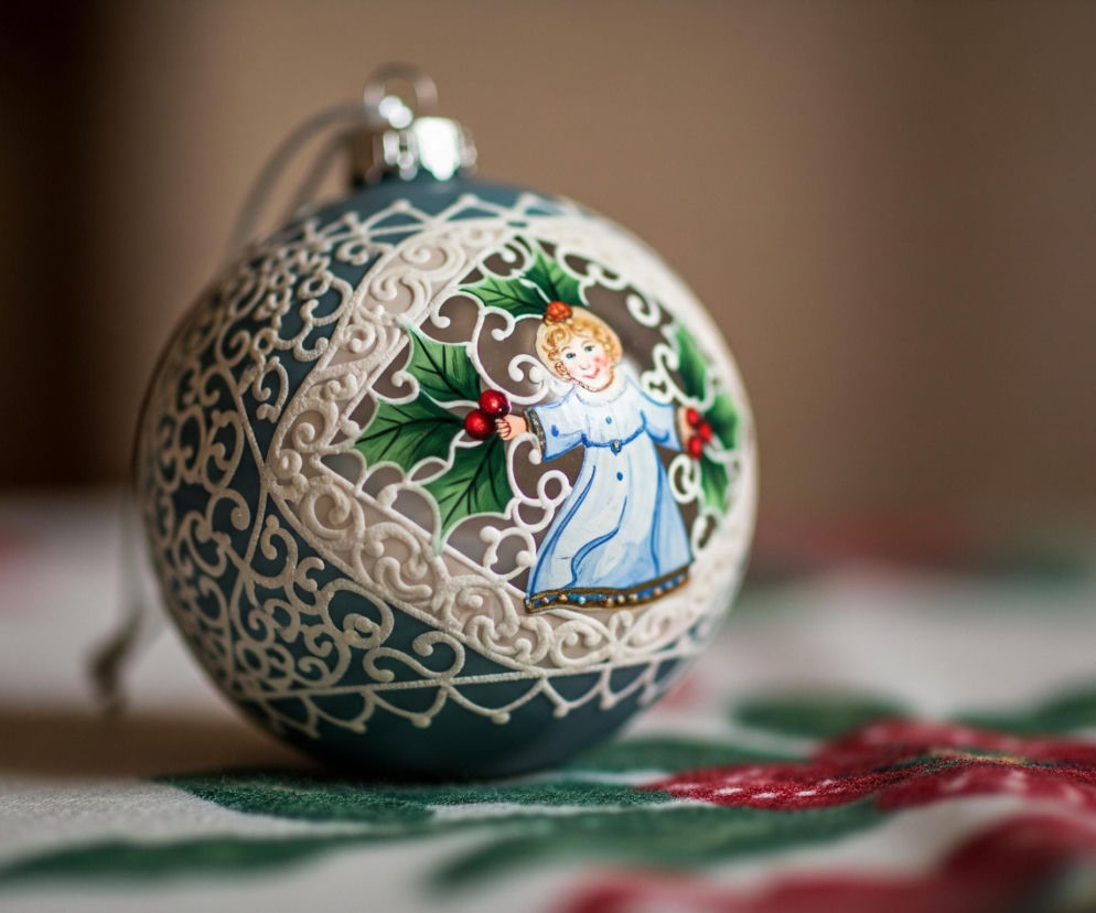 Ozdobna bombka świąteczna o turkusowym tle leży na białym obrusie z czerwono-zielonym wzorem. Na bombce widoczna jest postać aniołka z blond włosami, ubrana w błękitną sukienkę, trzymająca gałązkę ostrokrzewu z czerwonymi jagodami. Wokół postaci aniołka znajduje się biały, reliefowy wzór przypominający koronkę lub liście. Górna część bombki jest wyposażona w srebrny element do zawieszania, z widocznym przezroczystym sznurkiem. Tło jest rozmyte i ma ciepły, brązowy odcień.