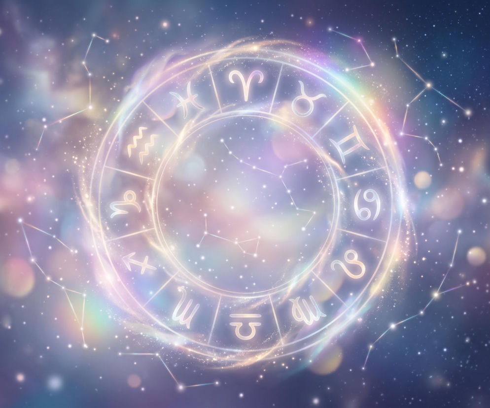 Świetlisty krąg z dwunastoma znakami zodiaku na tle gwieździstego kosmosu. O horoskopie dziennym przeczytasz na VOX FM.