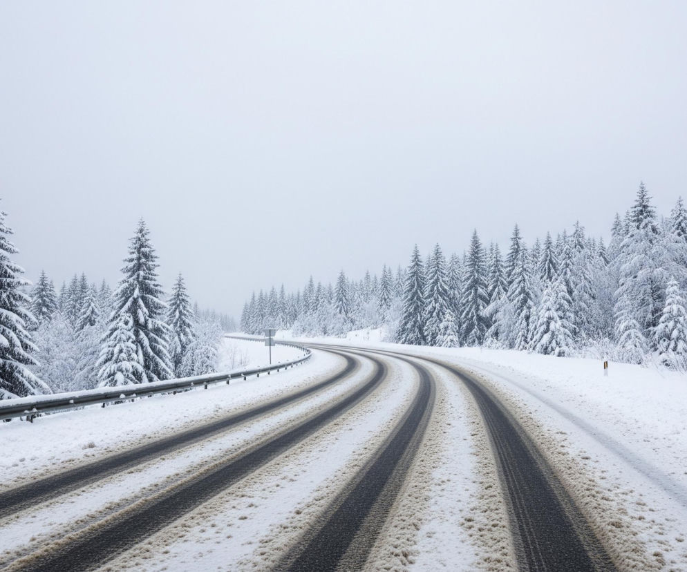 Droga wijąca się w prawą stronę, częściowo pokryta śniegiem i błotem pośniegowym, prowadzi przez zaśnieżony krajobraz. Asfalt widoczny jest w trzech równoległych, ciemnych pasach, oddzielonych jaśniejszym, brudnym śniegiem. Po lewej stronie drogi biegnie metalowa barierka ochronna, również częściowo pokryta białym puchem, a po obu stronach drogi rozciąga się gęsty las iglasty z drzewami obficie obciążonymi śniegiem, odcinającymi się od jasnoszarego, jednolitego nieba.