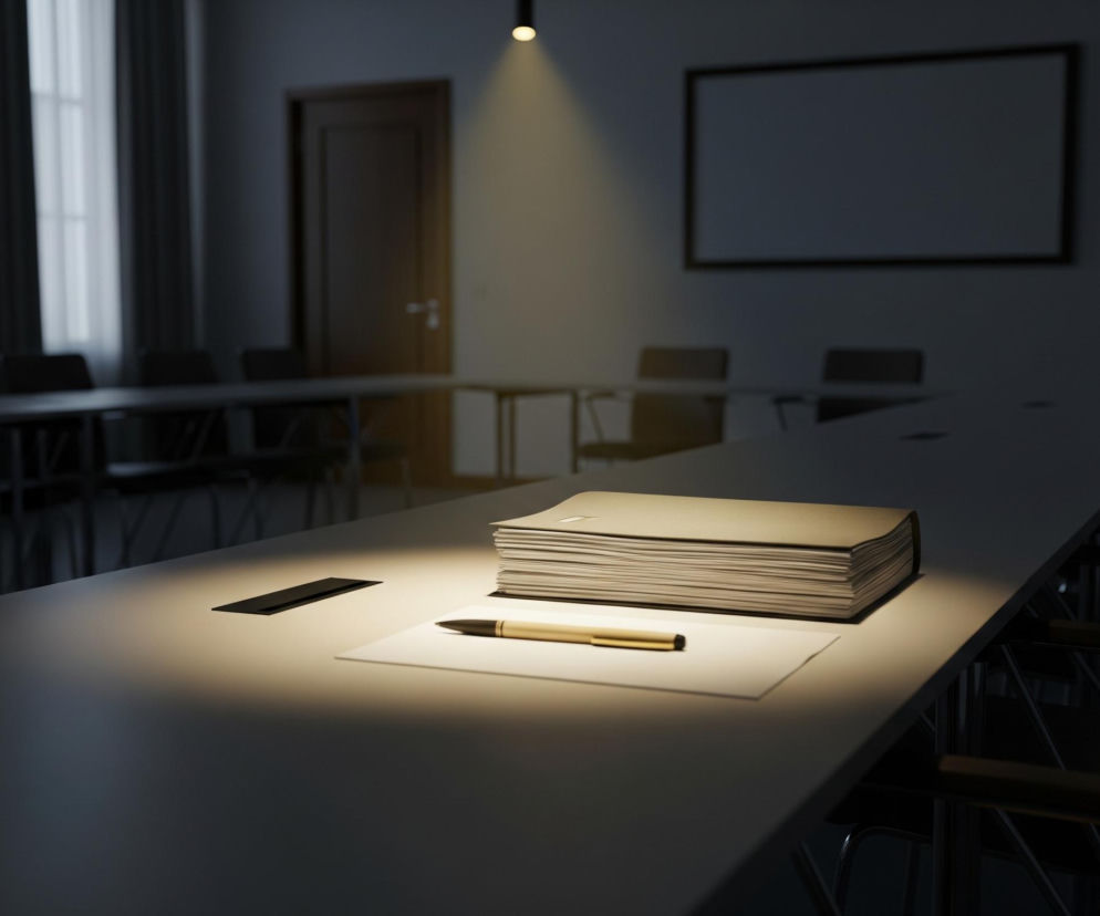 Na dużym, prostokątnym stole w centrum obrazu leży stos dokumentów w beżowej okładce, a obok niego kartka papieru i złoty długopis. Te przedmioty są wyraźnie oświetlone ciepłym, żółtym światłem pochodzącym z lampy sufitowej. Reszta pomieszczenia, wyglądającego na salę konferencyjną, pozostaje w półmroku, z widocznymi w oddali rzędami krzeseł, oknami zasłoniętymi ciemnymi zasłonami, ciemnymi drzwiami i pustą tablicą na ścianie.
