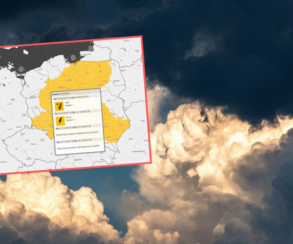 Ciemne chmury burzowe. Obok mapa z żółtymi alertami IMGW dla Polski. O zmianie pogody przeczytasz na Eska Wrocław.