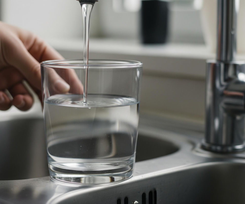 Płynący strumień wody z kranu wypełnia przezroczystą szklankę, która stoi na stalowym zlewie. Po lewej stronie widoczna jest częściowo dłoń osoby, prawdopodobnie trzymającej szklankę lub ją ustawiającej. Zlewozmywak posiada dwie komory i błyszczącą, metalową baterię z uchwytem po prawej stronie. Tło jest rozmyte, widoczne są fragmenty okna i jasnej ściany, a także ciemny, prostokątny przedmiot.