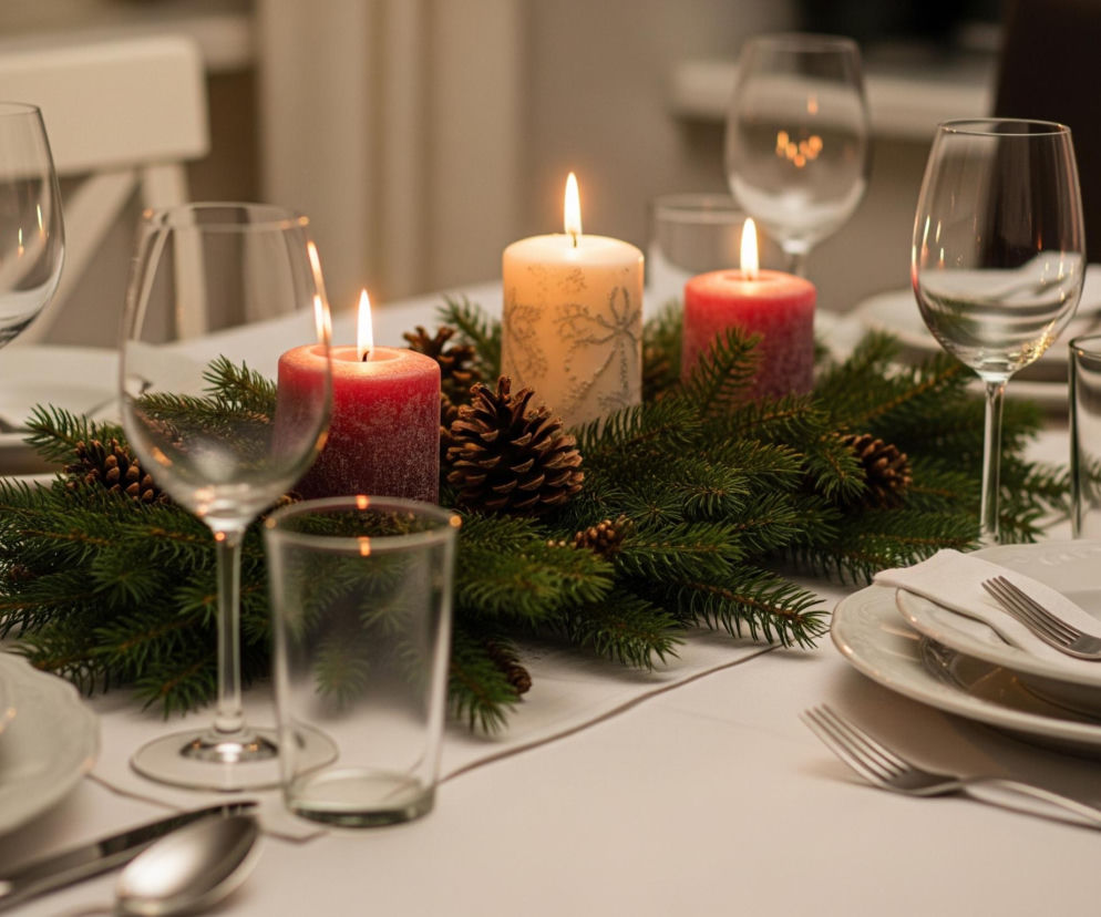 Na środku stołu, pokrytego białym obrusem, znajduje się stroik świąteczny składający się z zielonych gałązek jodły i szyszek, wśród których palą się trzy świece: dwie czerwone i jedna kremowa, ozdobiona delikatnym wzorem. Dookoła stroika, w perspektywie, rozstawione są nakrycia stołowe dla kilku osób, składające się z białych talerzy, złożonych serwetek, sztućców, kieliszków na wino i szklanek. Tło jest rozmyte, ukazując fragmenty mebli i zasłon, co sugeruje wnętrze pomieszczenia w ciepłej, stonowanej kolorystyce.