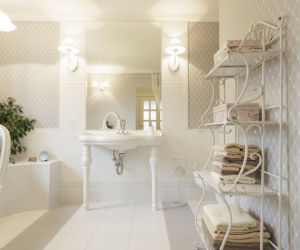 Nowoczesna biała łazienka w stylu glamour z drewnianą okładziną