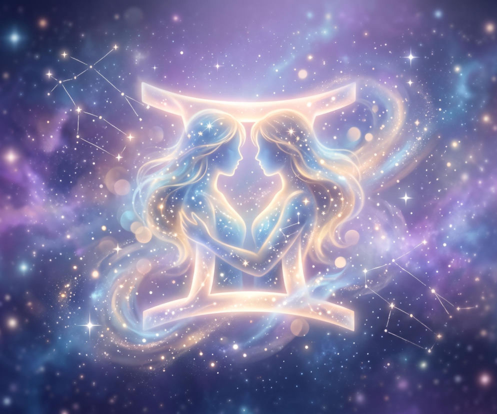 Dwie świetliste postacie kobiet wewnątrz symbolu zodiakalnych Bliźniąt na tle kosmosu. O horoskopie przeczytasz w Eska.