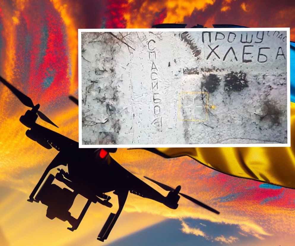 Napis na śniegu proszę o chleb na Ukrainie