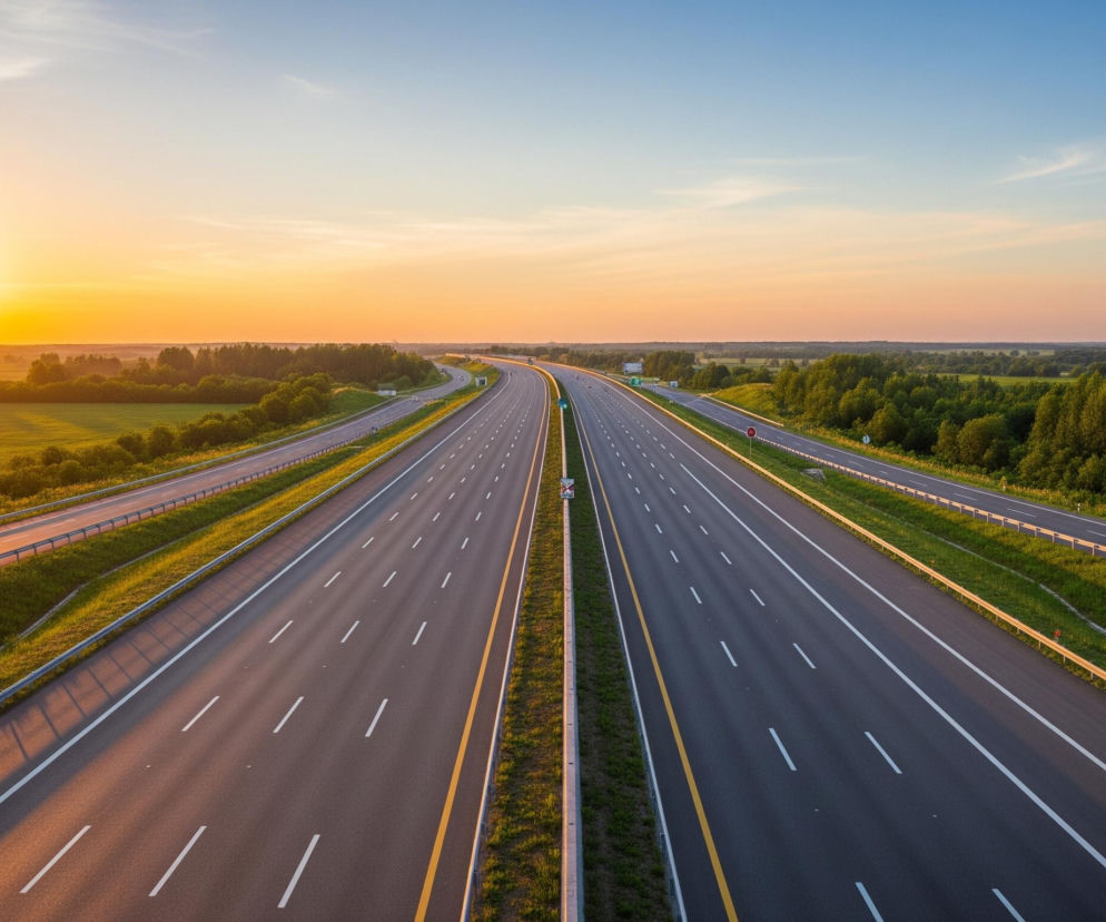 Dwie równoległe, wielopasmowe autostrady rozciągają się w głąb obrazu, otoczone z obu stron zielonymi polami i lasami. Asfalt na drogach jest ciemnoszary z białymi, przerywanymi liniami oddzielającymi pasy ruchu oraz żółtymi liniami ciągłymi wzdłuż krawędzi. Po obu stronach każdej autostrady widoczne są metalowe bariery energochłonne, a słońce, znajdujące się po lewej stronie horyzontu, rzuca długie cienie od barier na prawym pasie. Niebo rozjaśnia się od intensywnego pomarańczowo-żółtego koloru przy zachodzącym słońcu, przechodząc stopniowo w blady róż, a następnie w błękit po prawej stronie.