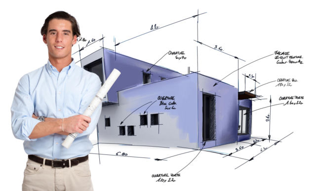Architekt i schemat budynku pokazujący kluczowe parametry: linię zabudowy, maksymalną wysokość budynku