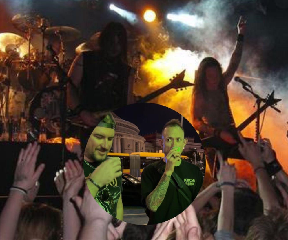 Muzycy kultowej rockowej formacji na tle sceny koncertowej i wiwatującego tłumu. Na wklejonym zdjęciu okrągłym, widać dwóch mężczyzn degustujących polski trunek na tle budynku w Warszawie. O ich wrażeniach możesz przeczytać na naszym portalu.