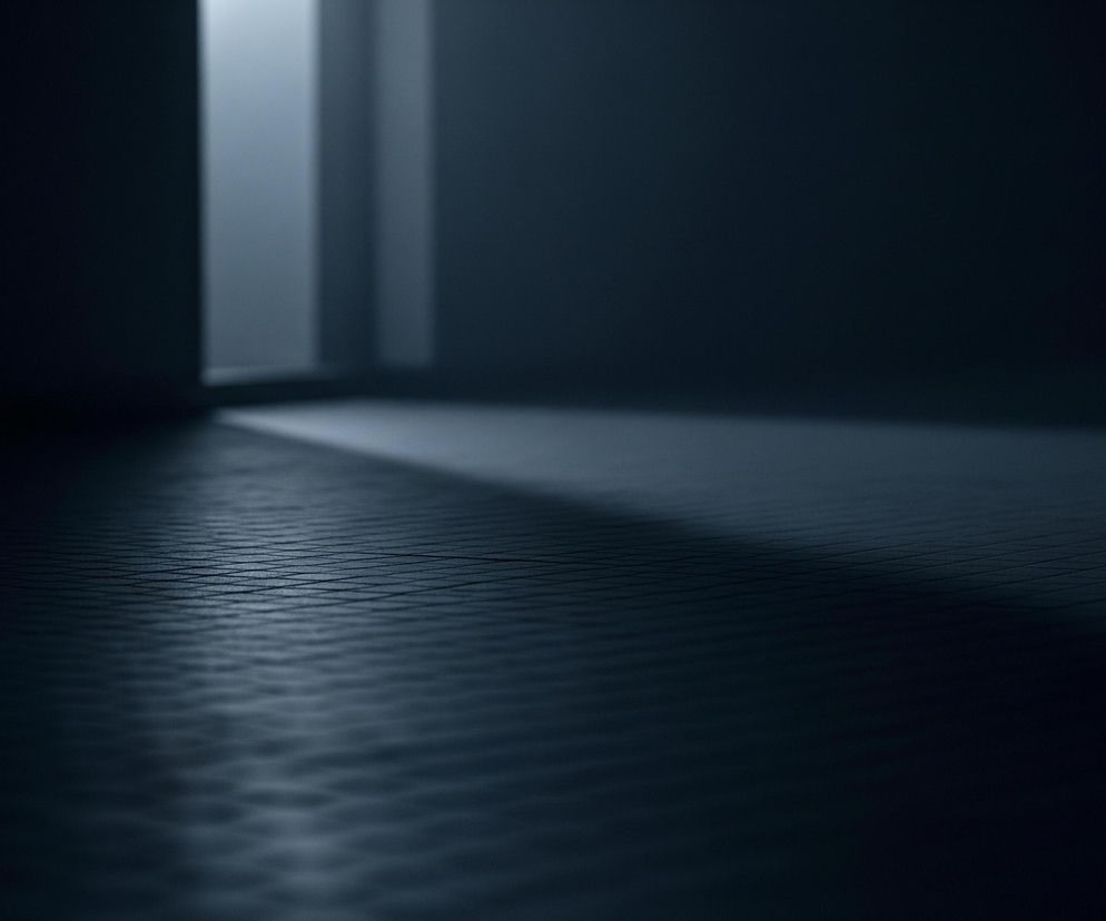 Pionowy strumień jasnego światła przechodzi przez wąską szczelinę po lewej stronie obrazu, padając na ciemną, teksturowaną podłogę. Światło tworzy ostry, jasny prostokąt na górze szczeliny, który stopniowo rozszerza się w dół i rozjaśnia na podłodze, przechodząc w jaśniejszy obszar. Reszta sceny jest pogrążona w ciemności, z ledwo widocznymi zarysami powierzchni i subtelnymi odcieniami szarości i granatu. Podłoga w świetle ma delikatny wzór drobnych, prostopadłych linii, które stają się mniej wyraźne w ciemniejszych częściach obrazu.