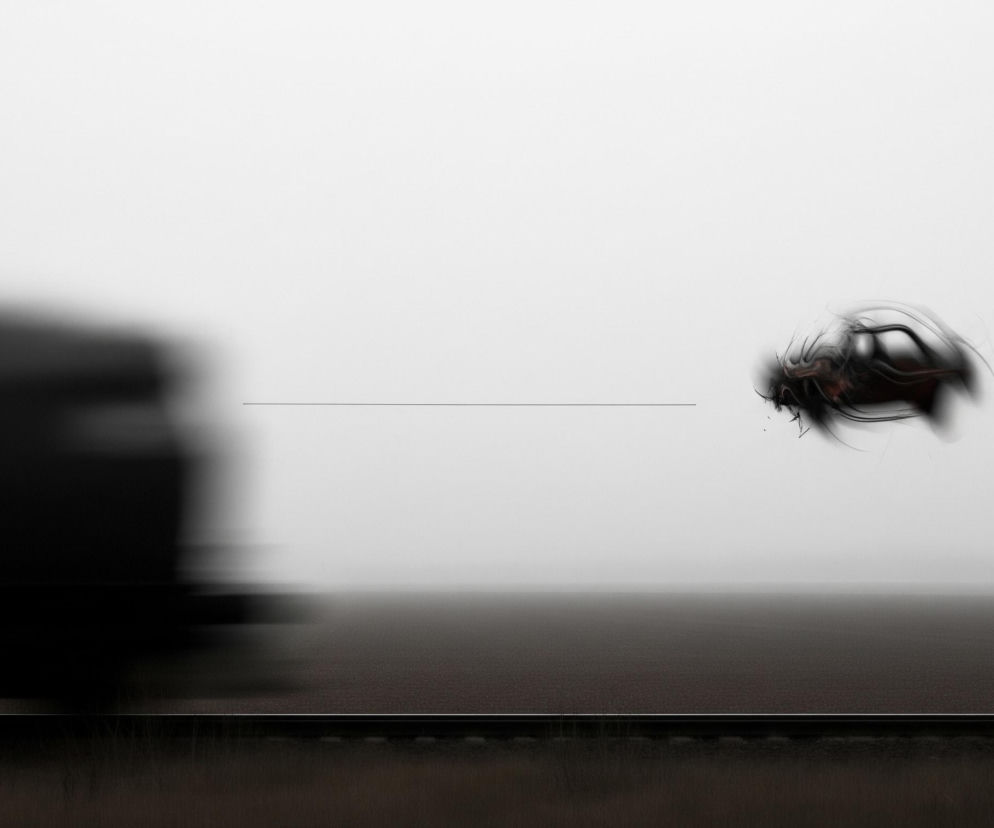 Czarno-biały obraz przedstawia scenę z rozmytym, pędzącym obiektem po lewej stronie i abstrakcyjną, wirującą formą po prawej. Rozmazany obiekt na pierwszym planie, przypominający bok pociągu lub ciężarówki, zajmuje dolną lewą ćwiartkę, jego ciemny kształt jest niemal całkowicie rozmyty poziomo, co sugeruje dużą prędkość. Po prawej stronie, w górnej połowie kadru, unosi się ciemna, okrągła forma o poszarpanych, wirujących krawędziach, z widocznymi wewnątrz brązowymi i czarnymi odcieniami, sprawiając wrażenie ruchu lub eksplozji. Pomiędzy tymi dwoma elementami, na wysokości horyzontu, znajduje się cienka, pozioma linia przecinająca pustą, szarobiałą przestrzeń nieba, która stopniowo przechodzi w ciemniejszy, ziarnisty horyzont, nad którym widać ledwo zarysowane ciemne pasmo terenu.