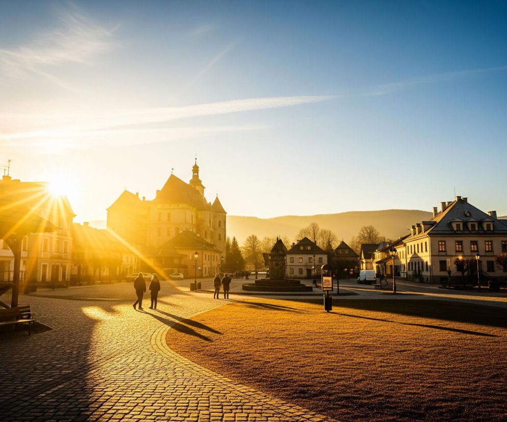 Scena przedstawia plac miejski zalany ciepłym, złotym światłem zachodzącego słońca, które promienie intensywnie prześwitują z lewej strony kadru. Na pierwszym planie, z lewej strony, widać fragment drewnianego dachu i ciemną sylwetkę drzewa iglastego, zza którego wychodzą mocne snopy światła. W centrum kadru kilka osób, z długimi cieniami, spaceruje po brukowanym placu, który przechodzi w trawnik o barwie pomarańczowo-brązowej, silnie oświetlonej przez niskie słońce. W tle wznosi się duży budynek o historycznej architekturze z wieżą, a po prawej stronie placu rozmieszczone są inne budynki o jasnych fasadach, oświetlone przez zachodzące słońce.