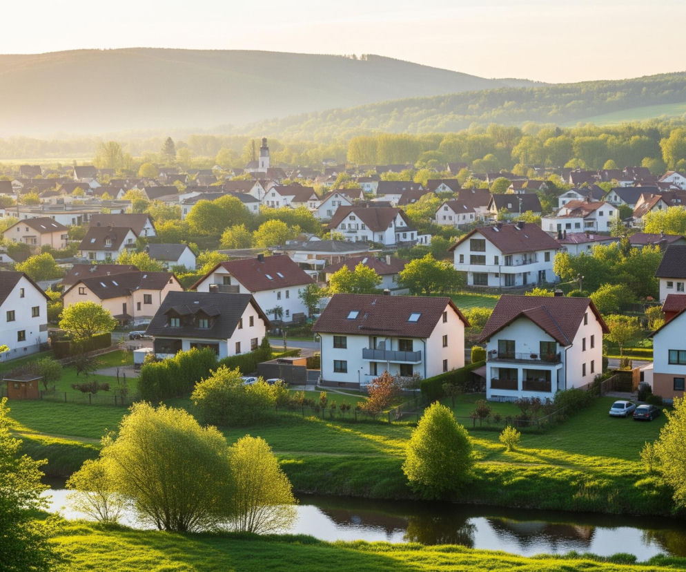 Rozległa panorama przedstawia gęsto zabudowaną wieś lub małe miasto, rozciągające się pośród zielonych pagórków i lasów. Dominują białe domy z czerwonymi lub brązowymi dachami, z licznymi drzewami o jasnozielonych liściach, które gdzieniegdzie przeplatają się między budynkami. W oddali, w centrum kompozycji, widoczna jest wieża kościoła z ostrym, czarnym dachem, wznosząca się ponad zabudowaniami. Na pierwszym planie, w dolnej części obrazu, płynie rzeka, której brzegi pokryte są intensywnie zieloną trawą i pojedynczymi krzewami, odbijającymi jasne światło. Całość jest skąpana w ciepłym, złotym świetle zachodzącego lub wschodzącego słońca, tworzącym miękką poświatę i długie cienie.