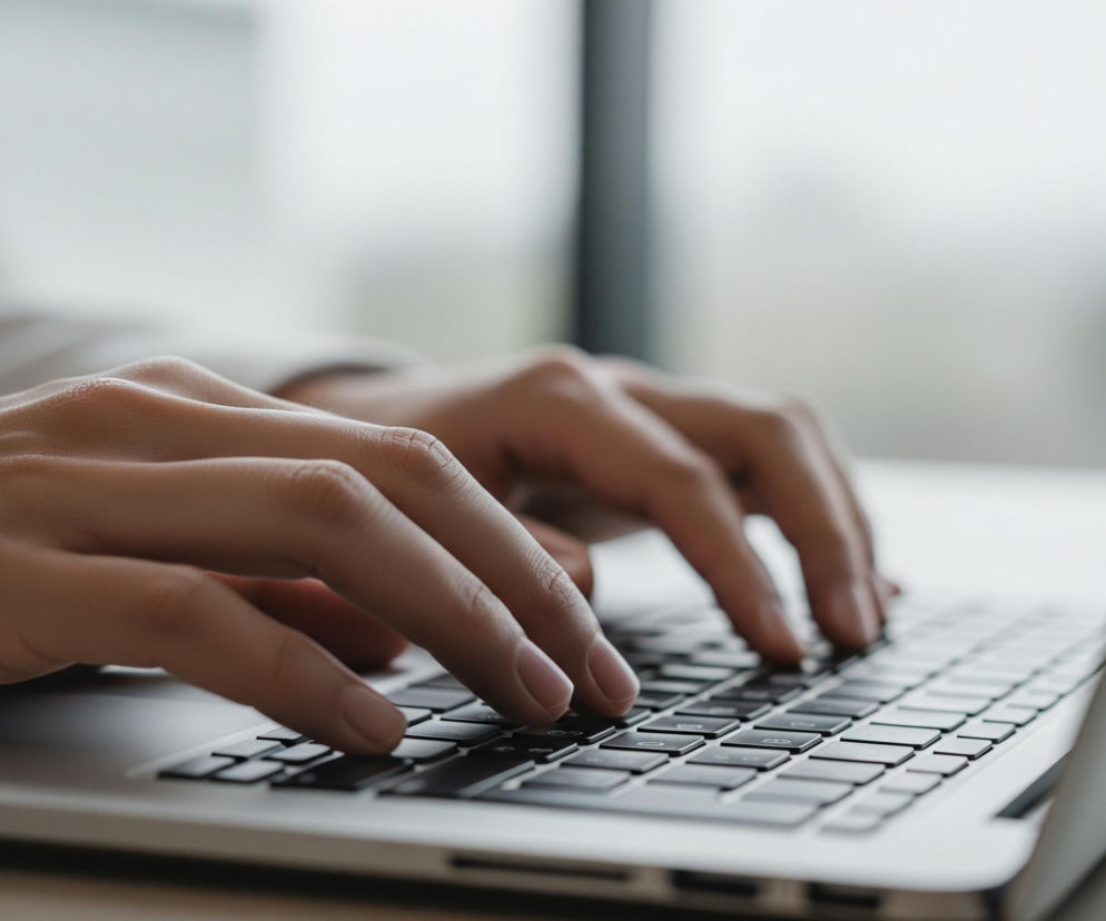 Dłonie osoby o jasnej karnacji intensywnie piszą na klawiaturze laptopa. Klawiatura jest ciemna z białymi symbolami, a obudowa laptopa jasnoszara, co kontrastuje z ciemnymi klawiszami. W tle, rozmyte, widać jasne okno, przez które wpada światło dzienne.
