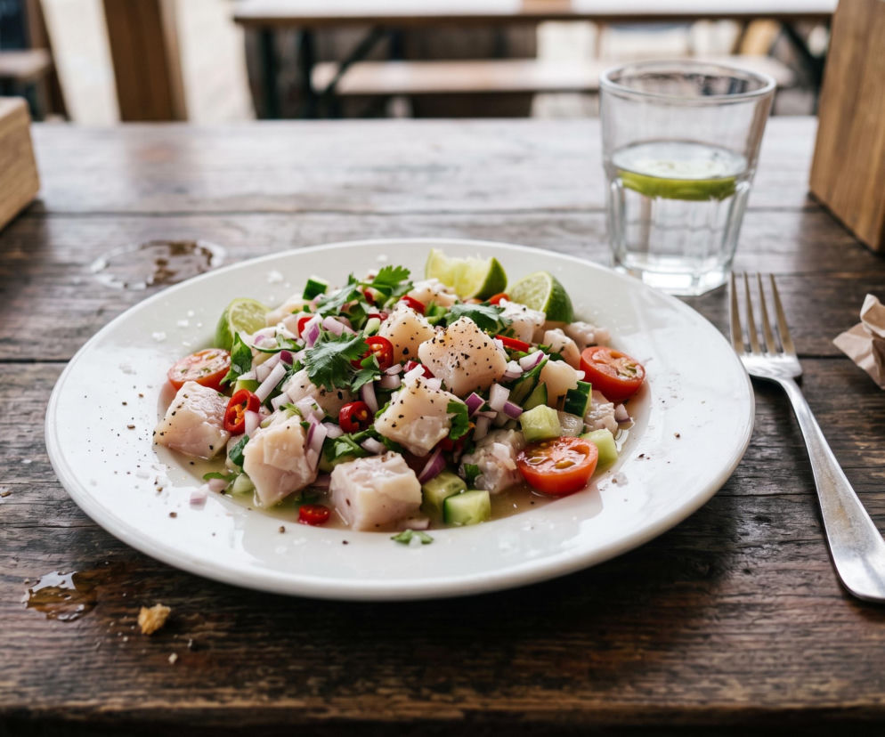 Danie ceviche z kawałkami ryby, limonką, cebulą i chili na talerzu. O gotowaniu na zimno przeczytasz na Beszamel.