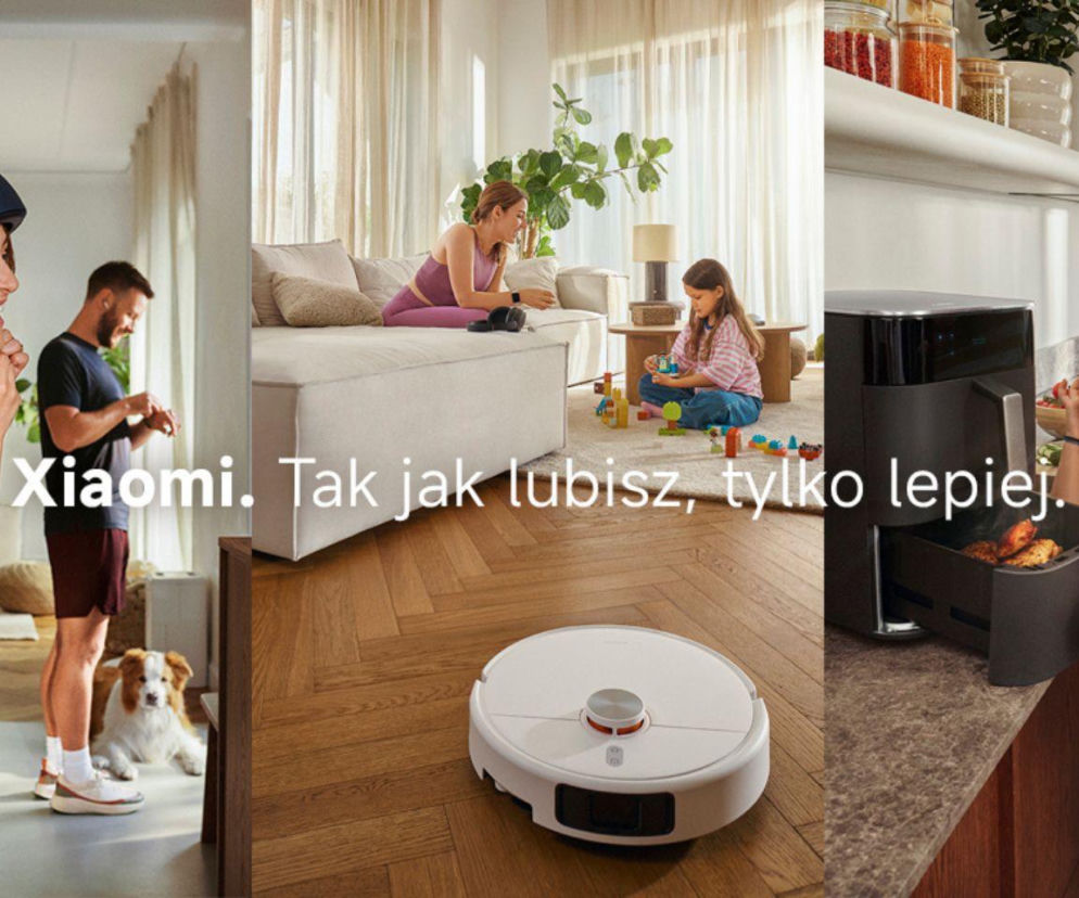 Kolaż z ofertą Xiaomi AIoT. Rodzina używa robota, air fryera i zegarka. O letnich nowościach przeczytasz na Eska.