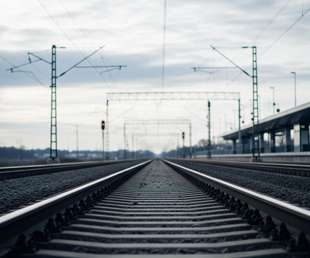 Tory kolejowe biegnące w głąb obrazu zajmują większą część kadru, z dwiema parami torów widocznymi w dolnej połowie. Szyny są srebrzyste, a podkłady i podsypka żwirowa mają ciemnoszare odcienie. Nad torami unosi się sieć trakcyjna wsparta na słupach, a po lewej stronie, w oddali, widać czerwone światło sygnalizatora. Po prawej stronie torów znajduje się zadaszony peron z elementami architektonicznymi utrzymanymi w błękicie i szarości. Horyzont wyznacza pas ciemnych drzew pod zachmurzonym, jasnym, błękitno-szarym niebem.