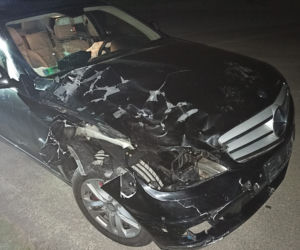 Podegrodzie. Mercedes zderzył się z pięknym jeleniem. Samochód rozbity, zwierzę nie żyje