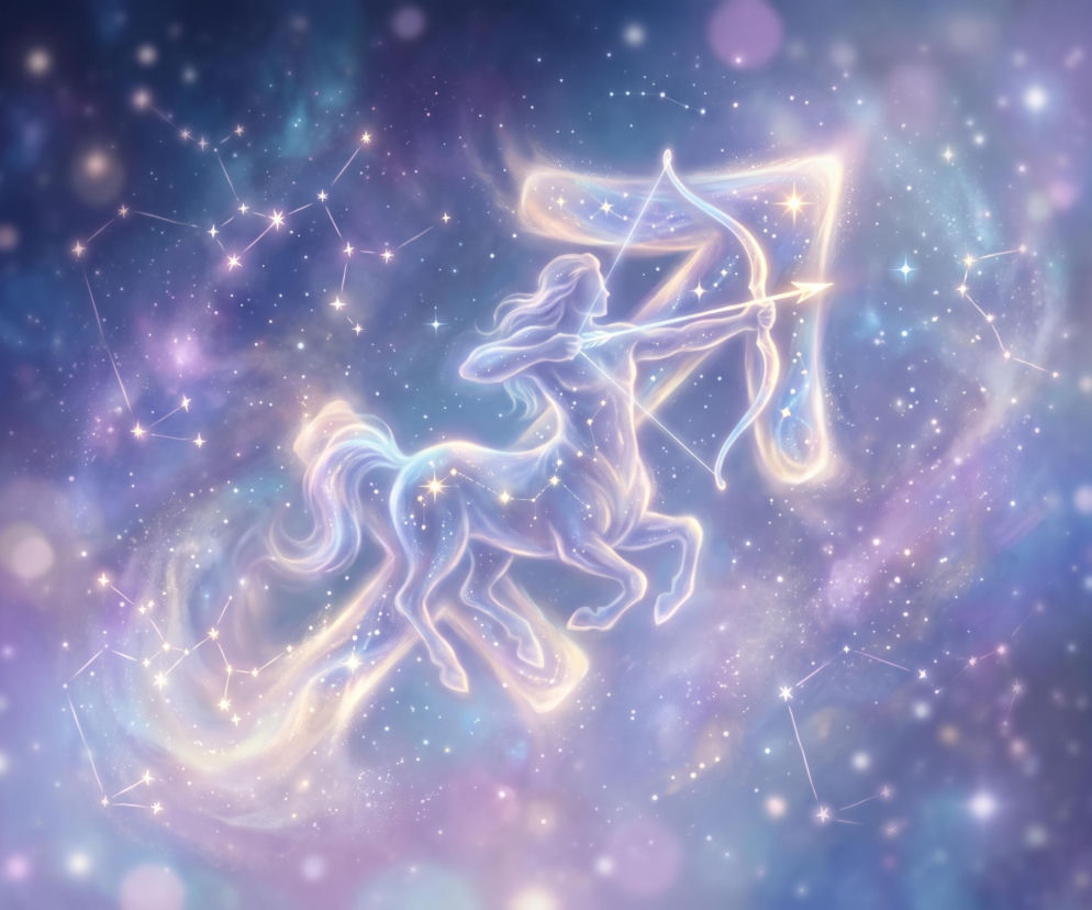 Świecący centaur celujący z łuku na tle gwiazd. O horoskopie dla Strzelca przeczytasz na Eska.