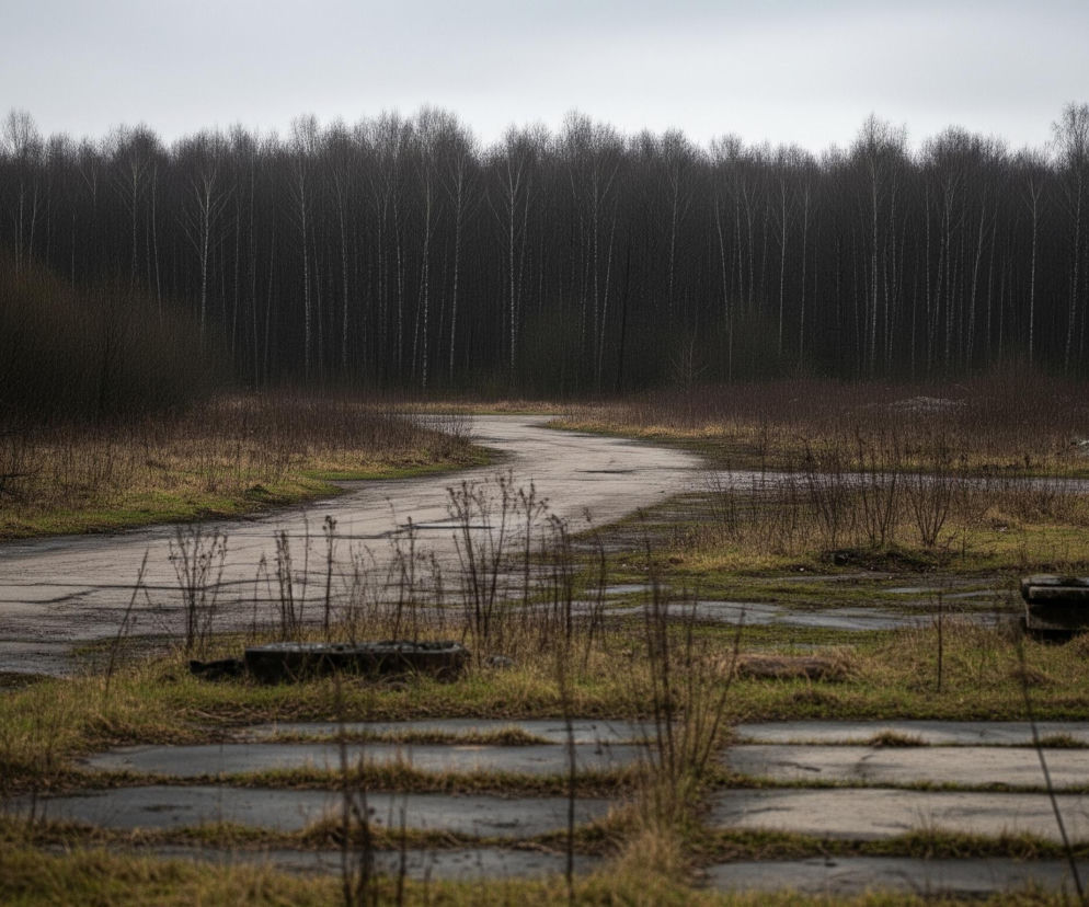 Zardzewiała, brązowa beczka stoi na pierwszym planie po lewej stronie, na ziemi pokrytej suchą trawą. Za nią ciągnie się lekko pofalowana, popękana, asfaltowa droga wiodąca w głąb obrazu, otoczona nieregularnymi płatami zielonej i suchej trawy oraz krzakami. Na horyzoncie rozciąga się ciemny las, złożony z licznych drzew o nagich, białych pniach i ciemnych gałęziach, kontrastujący z jasnym, zachmurzonym niebem.