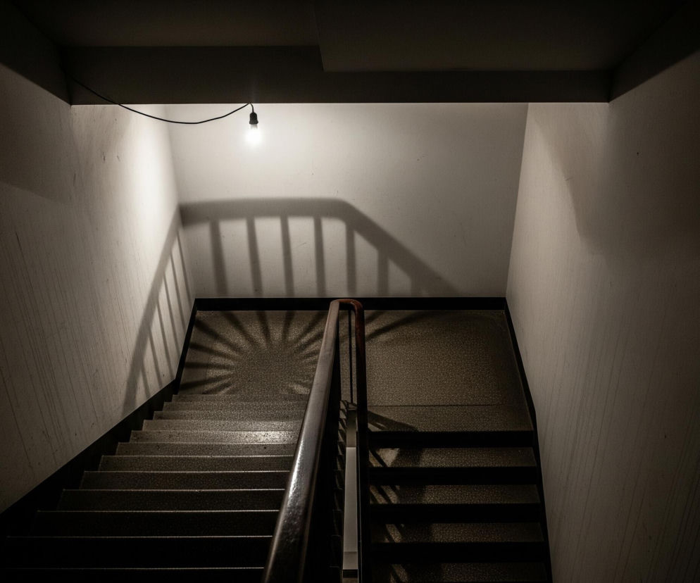 Ciemna klatka schodowa prowadzi w dół, oświetlona pojedynczą, jasną żarówką wiszącą na czarnym kablu w górnej części kadru. Żarówka rzuca wyraźny cień poręczy schodów na jasną ścianę po lewej stronie, oraz promienisty wzór światła na spoczniku przed dalszymi stopniami. Stopnie schodów są ciemne i matowe, a drewniana poręcz, ciągnąca się wzdłuż nich, jest brązowa i błyszcząca, kontrastując z otaczającą ciemnością.