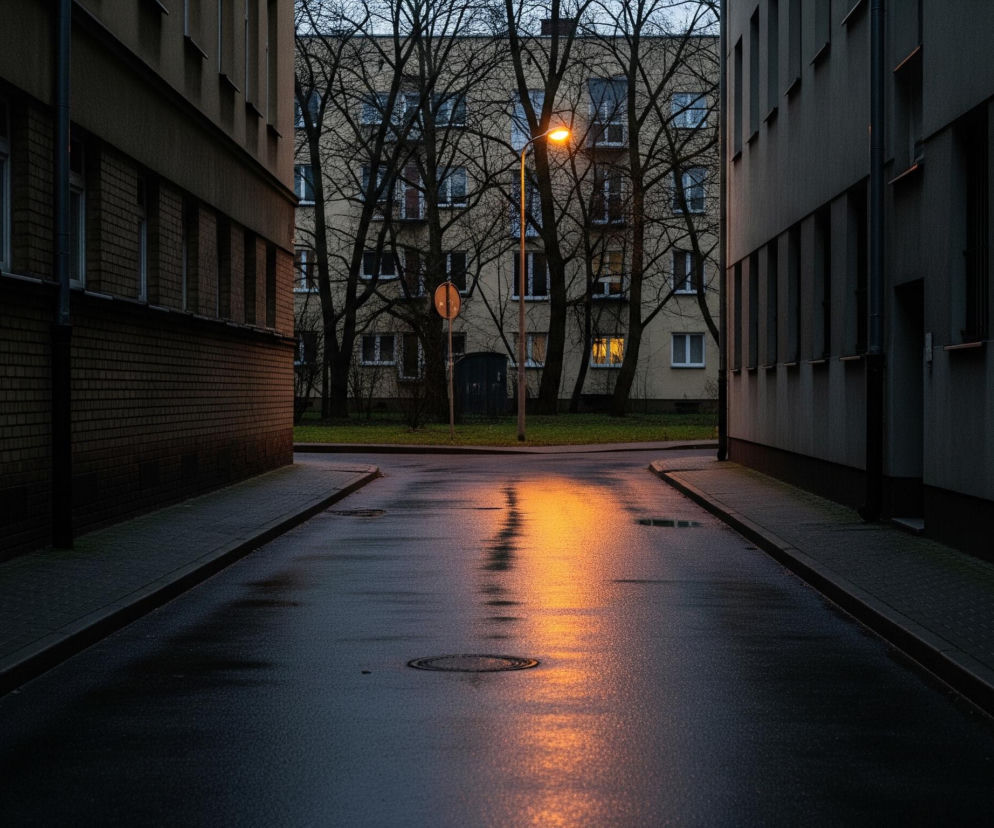 Ulica wypełniona kałużami i odbijająca światło latarni rozciąga się w głąb obrazu, prowadząc do zbiegu, gdzie z obu stron wznoszą się budynki. Po lewej stronie dominuje fasada z ciemnoczerwonej cegły z rzędami prostokątnych, jasnych okien, a po prawej budynek o szarej, gładkiej elewacji również z widocznymi oknami. Na końcu ulicy, pomiędzy budynkami, znajduje się trawnik z licznymi, bezlistnymi drzewami o splątanych gałęziach, za którymi widać fragmenty kolejnego bloku mieszkalnego z żółtymi ścianami i wieloma oknami, z których jedno świeci ciepłym, żółtym blaskiem. Centralnie na zbiegu ulicy stoi metalowa latarnia o jasnożółtym świetle, którego odbicie tworzy na mokrej nawierzchni ulicy intensywny, pomarańczowy pas.