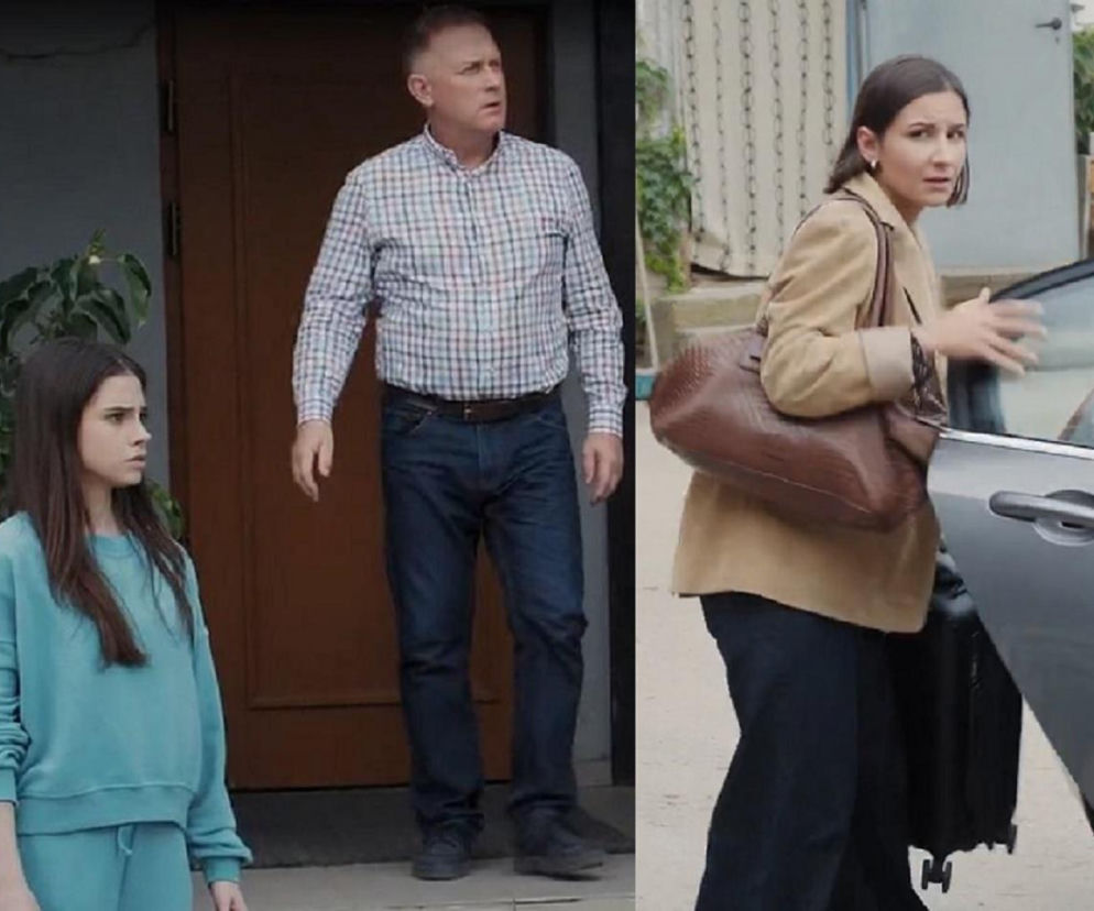 Agnes (Amanda Mincewicz) w beżowej kurtce, pakująca czarną walizkę do taksówki, uciekająca przed Martinem. Na pierwszym planie Basia (Karina Woźniak) w turkusowym dresie i Artur Rogowski (Robert Moskwa) w kraciastej koszuli, patrzący zaskoczeni. Scena z M jak miłość na Super Seriale.