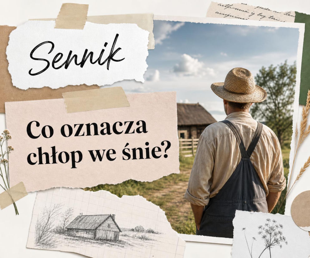Mężczyzna w słomkowym kapeluszu i ogrodniczkach stoi tyłem na wsi. O znaczeniu snu o chłopie przeczytasz na SE.