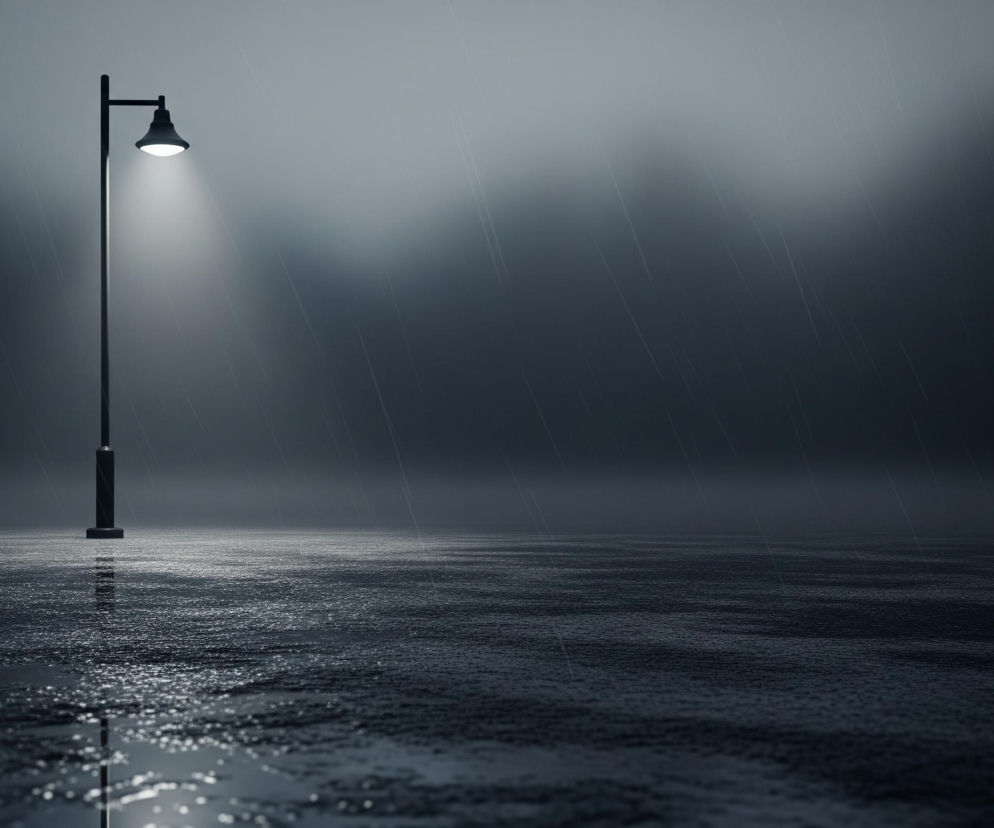 Czarna latarnia uliczna stoi po lewej stronie obrazu, oświetlając jasnym, białym światłem kałużę deszczową pod sobą. Deszcz pada ukośnie z góry, tworząc smugi na szarym, zamglonym tle, które stopniowo ciemnieje w oddali. Ciemna, chropowata powierzchnia z licznymi refleksami światła odbija elementy sceny, dodając głębi kompozycji.
