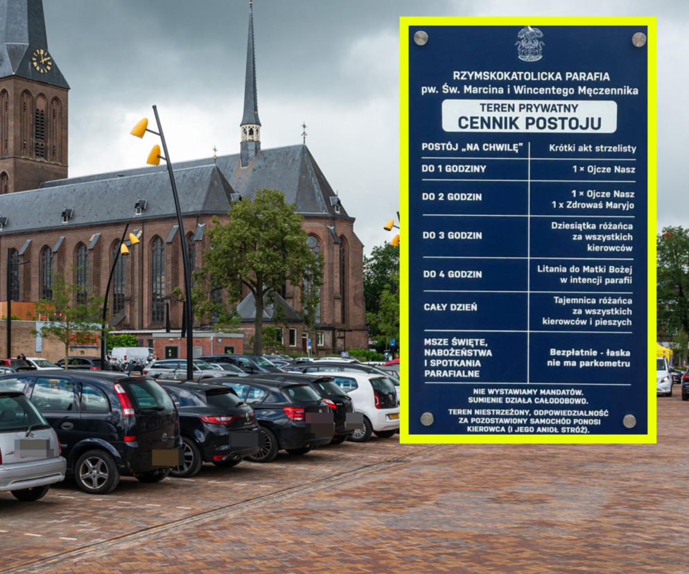 Parking przy kościele, obok na miniaturze cennik z modlitwami zamiast opłat. O pomyśle parafii czytaj na Eska Poznań.