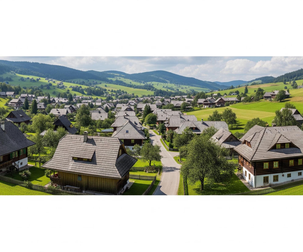 Panoramiczne ujęcie ukazuje rozległą, zieloną dolinę z licznymi domami i budynkami gospodarczymi rozrzuconymi po zboczach. Centralną częścią krajobrazu jest wieś złożona z drewnianych lub drewnopodobnych domów o szarych, spadzistych dachach, ułożonych wzdłuż drogi wijącej się przez dolinę. W tle wznoszą się zalesione góry pod błękitnym niebem z pojedynczymi, białymi chmurami. Teren wokół domów pokryty jest soczystą, zieloną trawą, miejscami poprzecinaną jasnozielonymi lub żółtawymi polami uprawnymi, a liczne drzewa liściaste i iglaste dopełniają sielskiego krajobrazu.