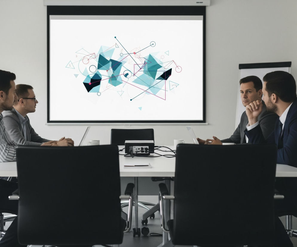 Czterech mężczyzn siedzi przy białym stole w sali konferencyjnej, skupionych na prezentacji wyświetlanej na dużym ekranie. Na ekranie widoczna jest abstrakcyjna grafika z geometrycznymi kształtami, liniami i punktami w odcieniach turkusu, granatu i fuksji na białym tle. Mężczyźni po lewej stronie mają otwarte laptopy, podczas gdy po prawej jeden z mężczyzn opiera brodę na dłoni, słuchając uważnie. W tle widać białe ściany oraz fragment okna po lewej i przeszklonych drzwi po prawej.