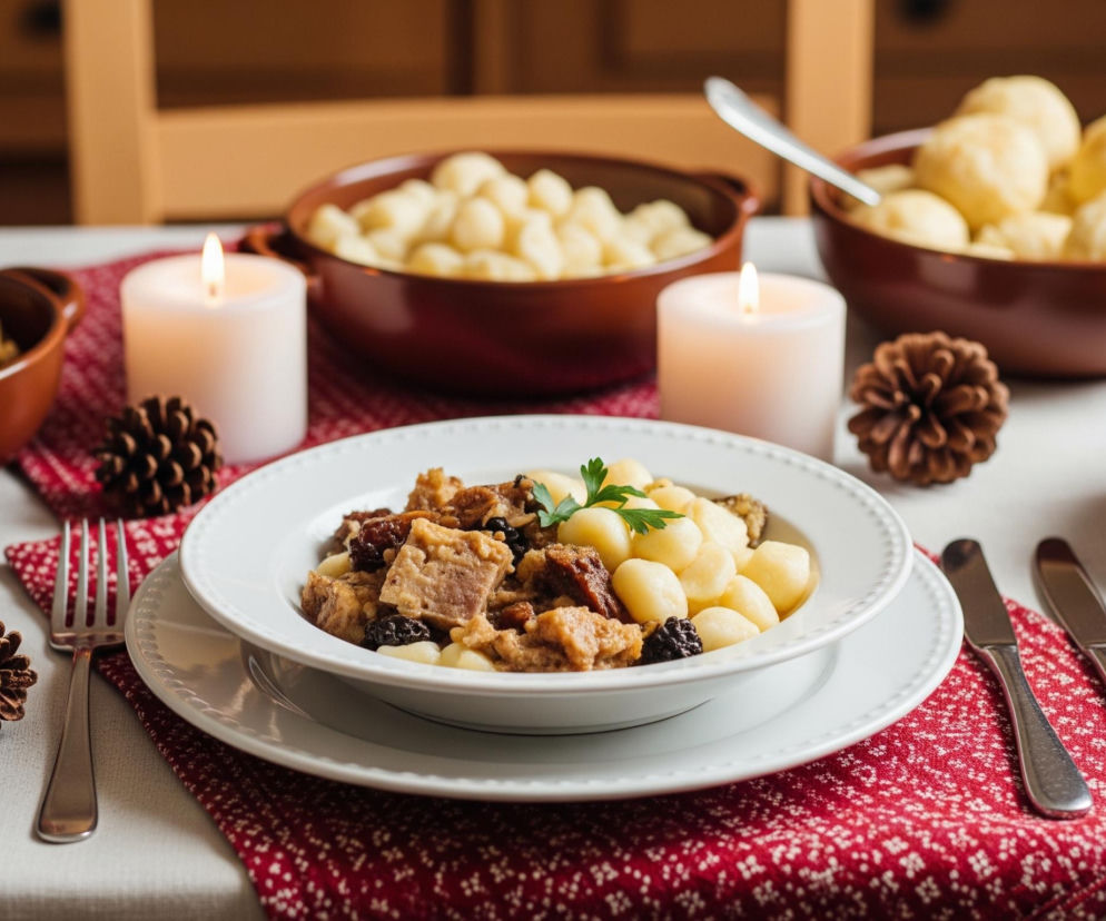 Na białym obrusie ułożono czerwoną, wzorzystą serwetkę, na której stoi biały talerz z ciemnym mięsem, kluskami i suszonymi owocami, ozdobiony gałązką pietruszki. Obok talerza po lewej stronie leży srebrny widelec, a po prawej dwa noże, również srebrne. Stół oświetlają dwie białe świece z płomieniami, pomiędzy którymi oraz po bokach leżą szyszki. W tle widoczne są brązowe miski wypełnione podobnymi kluskami i ciemnym farszem, a także fragment drewnianego krzesła.