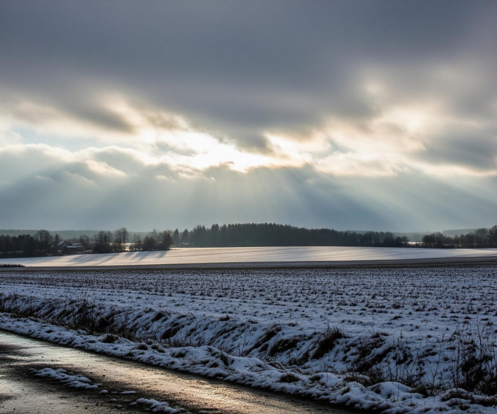 Na pierwszym planie, z lewej strony, widnieje błotnista, częściowo oblodzona droga gruntowa o kilku koleinach, z warstwami topniejącego śniegu na poboczach. Droga prowadzi ukośnie w głąb obrazu, a jej mokra powierzchnia odbija światło w kolorach pomarańczu i bieli. Po prawej stronie drogi rozciąga się zaśnieżone pole z wystającymi z topniejącego śniegu ciemnymi resztkami roślinności.

W oddali widać ciemny pas drzew, rozciągający się horyzontalnie przez całą szerokość obrazu. Nad lasem, pośrodku kadru, na horyzoncie, znajduje się rozświetlona, jasna linia, która przechodzi w ciemniejsze pasma górne i dolne.

Górną część obrazu zajmuje pochmurne niebo w odcieniach szarości i bieli, z prześwitującymi promieniami słońca, tworzącymi widoczne smugi światła rozchodzące się na niebie.