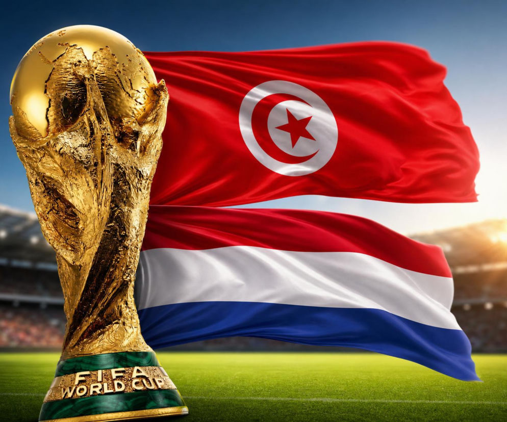 Złote trofeum Pucharu Świata FIFA na tle flag Tunezji i Holandii na stadionie piłkarskim, symbolizujące rywalizację tych drużyn na Mundialu 2026. Pełne statystyki meczu i składy drużyn dostępne są na naszym portalu.