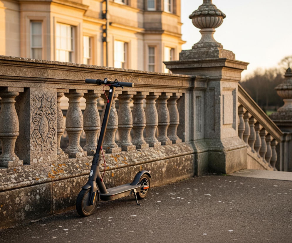 Czarna hulajnoga elektryczna z czerwonym przewodem hamulcowym opiera się na stopce na ciemnym, asfaltowym podłożu. Znajduje się ona obok kamiennej balustrady, pokrytej mchem i porostami w odcieniach szarości i pomarańczowego, z rzeźbionym ornamentem po lewej stronie. W tle, częściowo rozmyty, widoczny jest duży, jasny budynek z wieloma oknami, oświetlony ciepłym światłem zachodzącego słońca, a także fragmenty parkowego krajobrazu z drzewami bez liści i formowanymi krzewami.