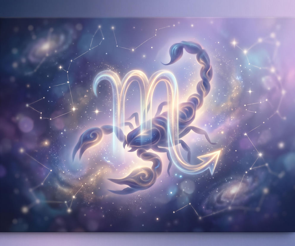 Świecący symbol znaku zodiaku Skorpiona na tle kosmosu i gwiazd. O horoskopie dziennym przeczytasz w serwisie Eska.