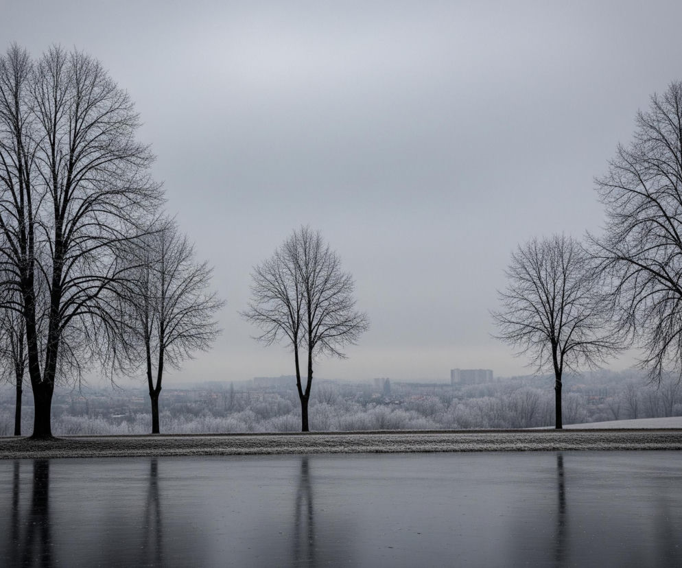 Pierwszy plan przedstawia lśniącą, gładką powierzchnię, prawdopodobnie lód lub wodę, odbijającą drzewa z drugiego planu, tworząc symetryczne sylwetki. Na drugim planie widać szereg nagich drzew o ciemnych, rozgałęzionych gałęziach, równomiernie rozmieszczonych wzdłuż horyzontu. Za nimi rozciąga się pasmo białego, zmrożonego krajobrazu, a w oddali, pod szarym, zachmurzonym niebem, majaczą niewyraźne zarysy miejskich budynków.