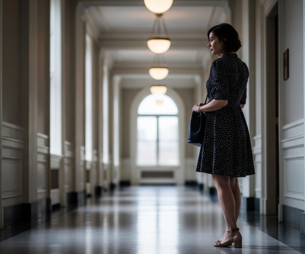 Kobieta z krótkimi, ciemnymi włosami stoi w eleganckim, długim korytarzu, patrząc w prawo. Ma na sobie ciemną sukienkę w jasne kropki, z rękawami sięgającymi łokci, oraz cieliste sandałki na obcasie i nosi ciemną torebkę na ramieniu. Korytarz charakteryzuje się wysokimi, jasnymi ścianami z podłużnymi, prostokątnymi oknami po lewej stronie, oraz rzędami kulistych lamp sufitowych emitujących ciepłe, żółte światło. Na końcu korytarza widoczne jest duże, półokrągłe okno, a podłoga jest ciemna, błyszcząca, odbijająca światło z lamp i okien.
