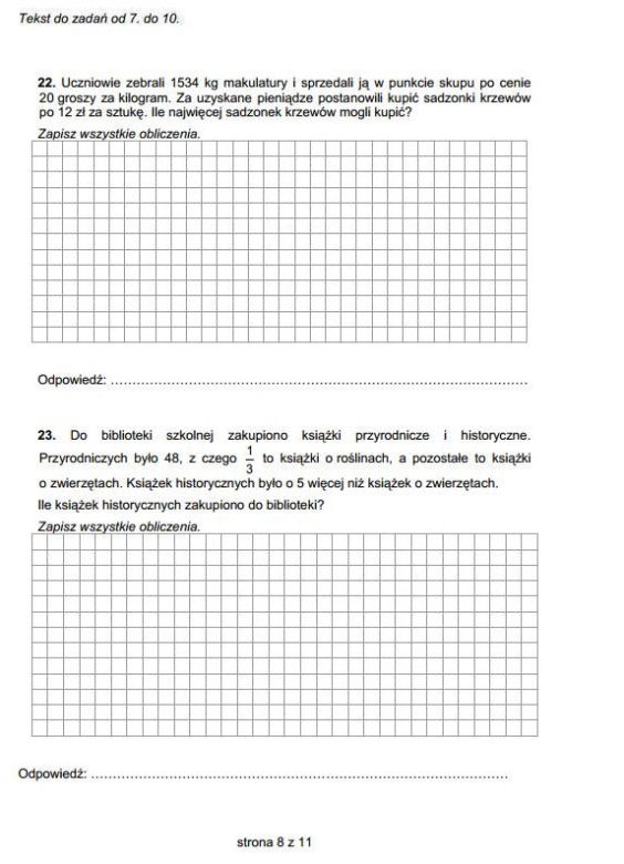 Sprawdzian szóstoklasisty, arkusze