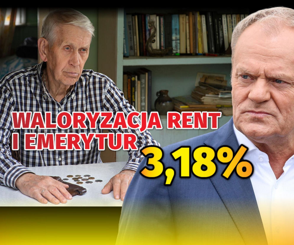 Starszy mężczyzna siedzi przy stole z garścią monet, patrząc z zaniepokojeniem. Obok twarz premiera Donalda Tuska. Napis: Waloryzacja rent i emerytur 3,18%. O niskich podwyżkach i nowych podatkach czytaj na Super Biznes.