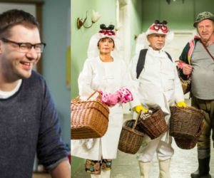 Świat według Kiepskich. Ferdek (Andrzej Grabowski), Paździoch (Ryszard Kotys), Helena (Renata Pałys), Halina (Marzena Kipiel-Sztuka), Tomasz Karolak