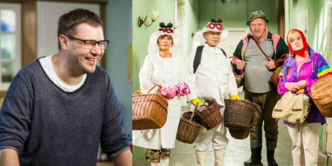 Świat według Kiepskich. Ferdek (Andrzej Grabowski), Paździoch (Ryszard Kotys), Helena (Renata Pałys), Halina (Marzena Kipiel-Sztuka), Tomasz Karolak